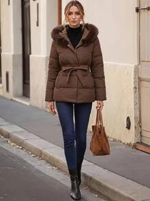 Faunlyn 女款純色毛絨連帽休閒優雅百搭冬季加厚外套 日常外出夜店深棕色 - 棕色 - 查看 3