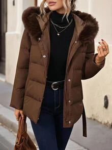Faunlyn 女款純色毛絨連帽休閒優雅百搭冬季加厚外套 日常外出夜店深棕色 - 棕色 - 查看 7