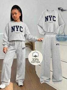 SHEIN 青少年女孩美式字母印花運動衫與寬腿褲2件套，寬鬆圓領長袖上衣＋垂墜直筒長褲，柔軟針織面料，春秋休閒灰色運動服 - 淺灰色 - 查看 2