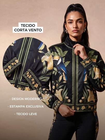 CAJUNI Women's Stand Collar Long Sleeve Tropical Toucan & Floral Print Casual Sports Windproof Jacket Fitness Wear