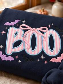 IslaSuriya Women's Casual Halloween Letter Embroidered Sweatshirt, Autumn/Winter - Navy Blue - View 3
