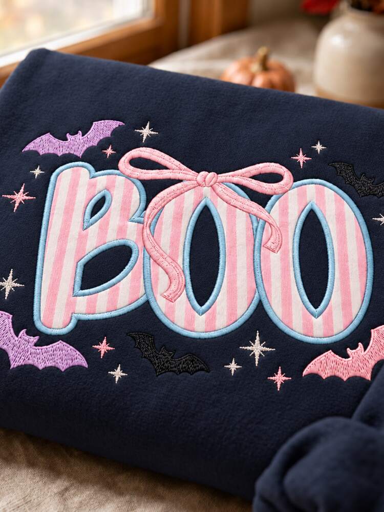 IslaSuriya Women's Casual Halloween Letter Embroidered Sweatshirt, Autumn/Winter - Navy Blue - View 3