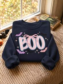 IslaSuriya Women's Casual Halloween Letter Embroidered Sweatshirt, Autumn/Winter - Navy Blue - View 4