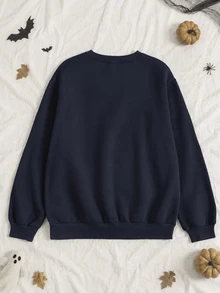 IslaSuriya Women's Casual Halloween Letter Embroidered Sweatshirt, Autumn/Winter - Navy Blue - View 2