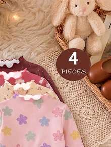 4pcs Baju Dalaman Anak Perempuan Lengan Panjang Kerah Tinggi dengan Hiasan Rumbai, Kain Elastis Lembut dan Ramah Kulit, Motif Bunga yang Lembut, Kerah Gulung Berumbai yang Indah, Potongan Ramping, Lapisan Dalam Serbaguna, Cocok untuk Musim Semi, Musim Gugur, dan Musim Dingin - MultiWarna - View 4