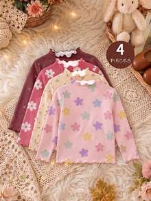 4pcs Baju Dalaman Anak Perempuan Lengan Panjang Kerah Tinggi dengan Hiasan Rumbai, Kain Elastis Lembut dan Ramah Kulit, Motif Bunga yang Lembut, Kerah Gulung Berumbai yang Indah, Potongan Ramping, Lapisan Dalam Serbaguna, Cocok untuk Musim Semi, Musim Gugur, dan Musim Dingin - MultiWarna - View 2