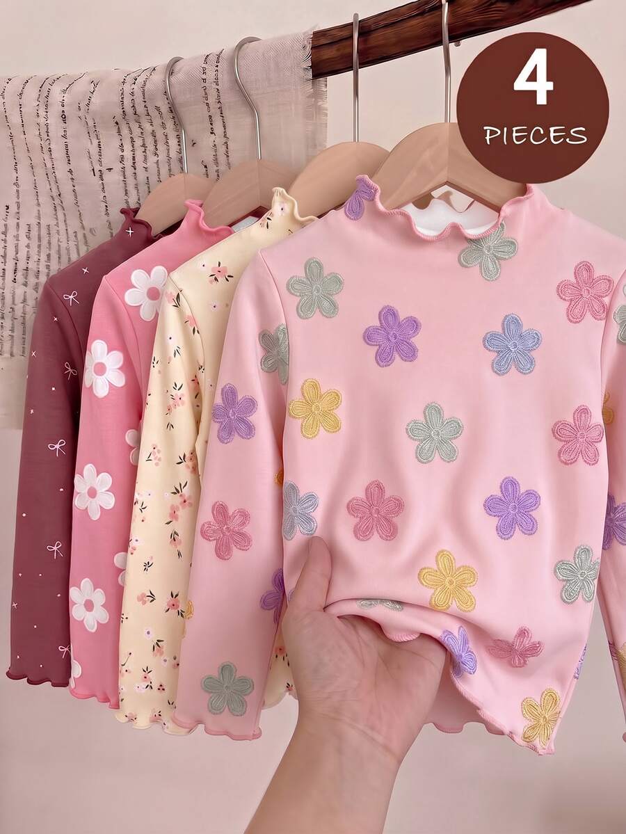 4pcs Baju Dalaman Anak Perempuan Lengan Panjang Kerah Tinggi dengan Hiasan Rumbai, Kain Elastis Lembut dan Ramah Kulit, Motif Bunga yang Lembut, Kerah Gulung Berumbai yang Indah, Potongan Ramping, Lapisan Dalam Serbaguna, Cocok untuk Musim Semi, Musim Gugur, dan Musim Dingin - MultiWarna - View 1