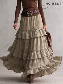 INAWLY Solva Women's Plaid Pleated Casual Versatile Skirt - Khaki - View 1