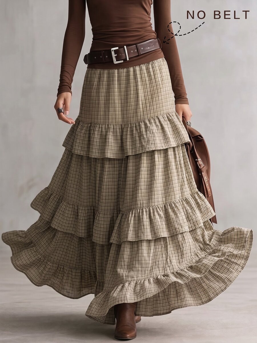 INAWLY Solva Women's Plaid Pleated Casual Versatile Skirt - Khaki - View 1