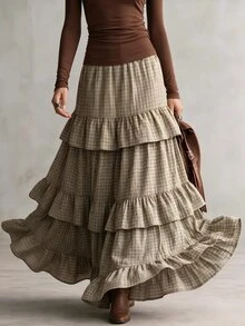 INAWLY Solva Women's Plaid Pleated Casual Versatile Skirt - Khaki - View 6