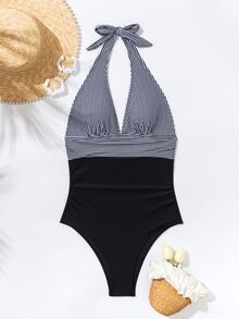 Swim Basics 女士條紋拼色露背連體泳衣,適用於夏季、海灘、度假、旅行、節日、游泳池、衝浪 - 彩色 - 查看 5
