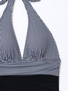Swim Basics 女士條紋拼色露背連體泳衣,適用於夏季、海灘、度假、旅行、節日、游泳池、衝浪 - 彩色 - 查看 6