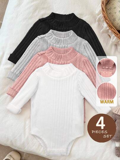 LMoss Kids 4pcs/Set Baby Girl Solid Color Knit Casual Autumn/Winter Romper Set