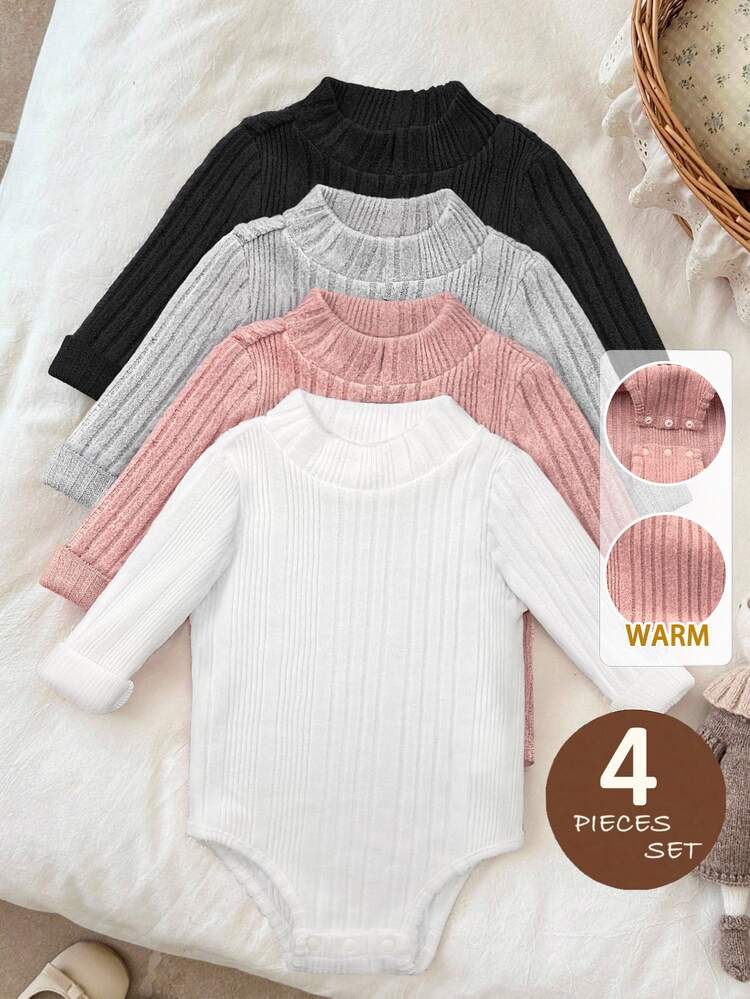 LMoss Kids 4pcs/Set Baby Girl Solid Color Knit Casual Autumn/Winter Romper Set - Multicolor - View 1
