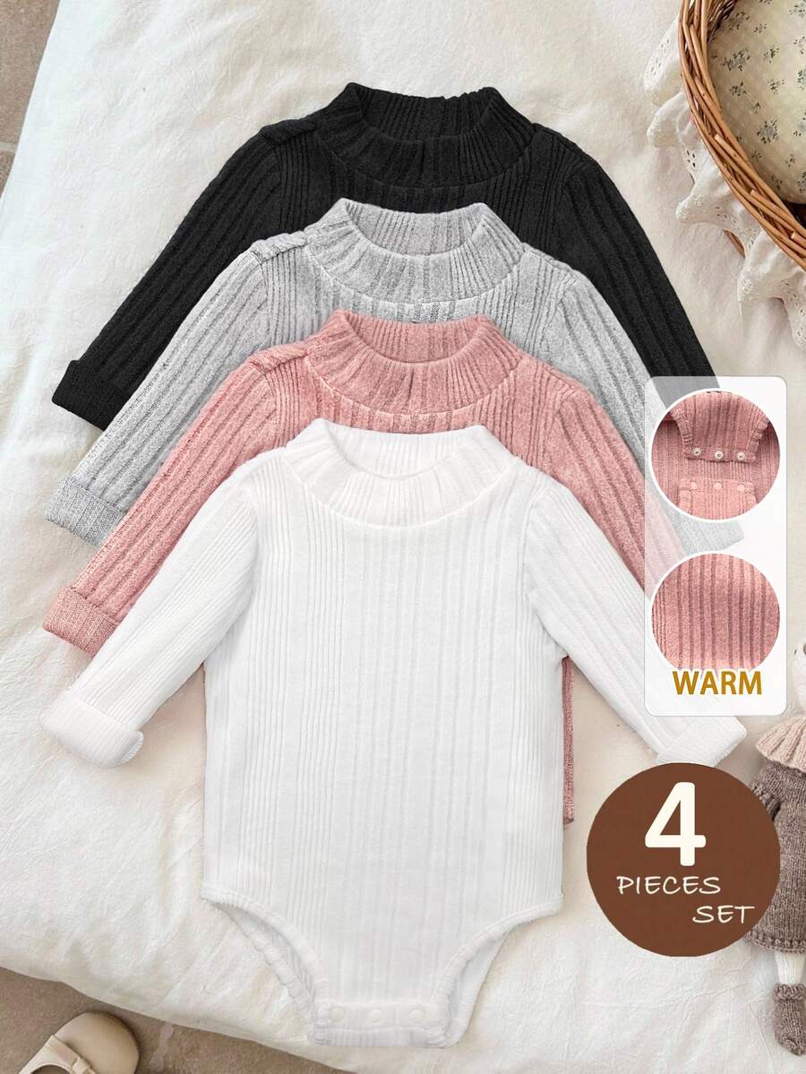 LMoss Kids 4pcs/Set Baby Girl Solid Color Knit Casual Autumn/Winter Romper Set - Multicolor - View 1