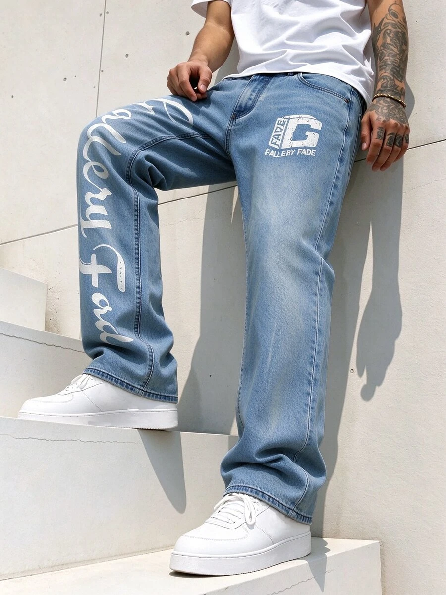 GALLERY FADE Men's Streetwear Letter Print Washed Denim Straight Leg Pants Vacation Rave Blue And White Autumn - Light Wash - View 1