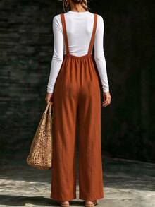 SHEIN Holidaya Women's Button Decor Casual Wide Leg Overalls Pants, Spring/Summer - Brown - View 2