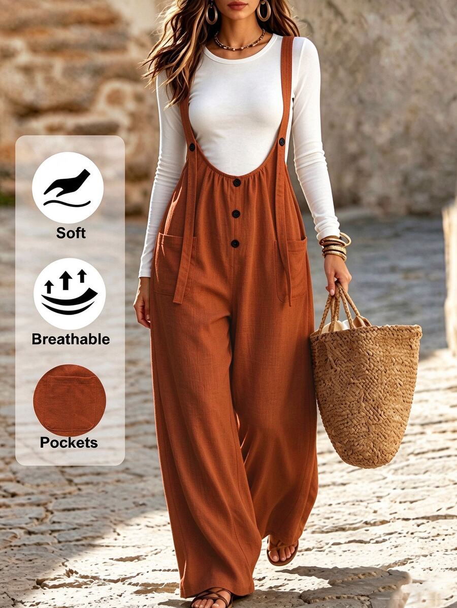 SHEIN Holidaya Women's Button Decor Casual Wide Leg Overalls Pants, Spring/Summer - Brown - View 1