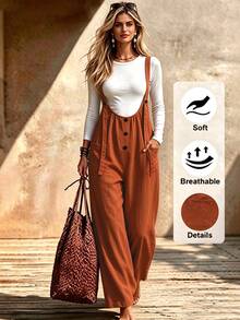 SHEIN Holidaya Women's Button Decor Casual Wide Leg Overalls Pants, Spring/Summer - Brown - View 3
