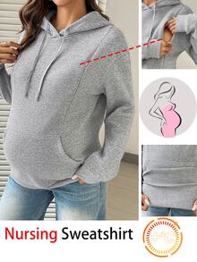 SHEIN Maternity Nursing Long Sleeve Daily Hooded Sweatshirt - Grey - View 1