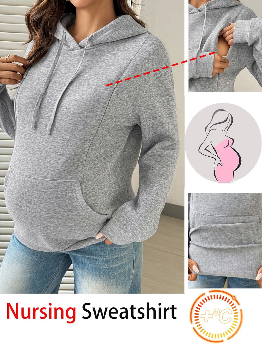 SHEIN Maternity Nursing Long Sleeve Daily Hooded Sweatshirt - Grey - View 1