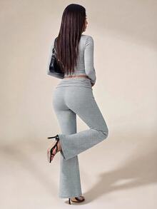 Vivamere Women's Casual Versatile Solid Color Flare Long Pants Exercise Gray Autumn Tummy Control Folding Waist Active Pilates Lounge Daily Everyday Lounge - Grey - View 7