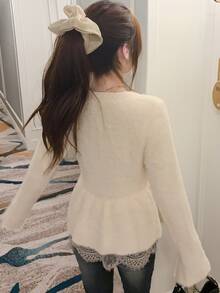 FRIFUL 女款秋季純色對比蕾絲飾邊針織開襟衫冬季 - 杏色 - 查看 2