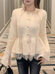 FRIFUL 女款秋季純色對比蕾絲飾邊針織開襟衫冬季 - 杏色 - 查看 4