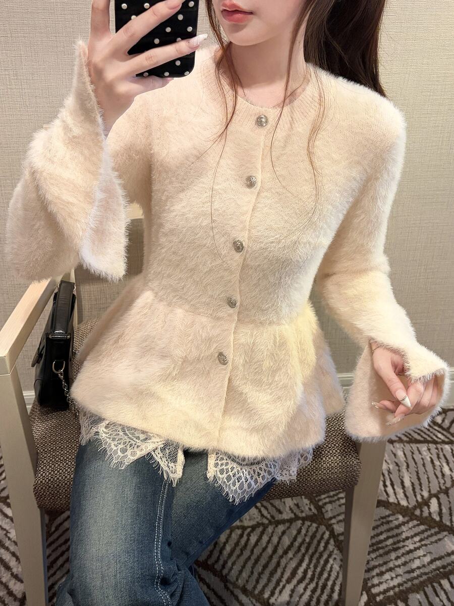 FRIFUL 女款秋季純色對比蕾絲飾邊針織開襟衫冬季 - 杏色 - 查看 1