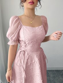 Modelyn Sheer Puff Sleeve Cinched Waist Flared Hem Long Dress For Women - Pink - View 2
