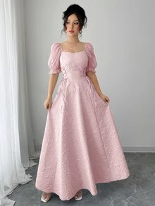Modelyn Sheer Puff Sleeve Cinched Waist Flared Hem Long Dress For Women - Pink - View 4