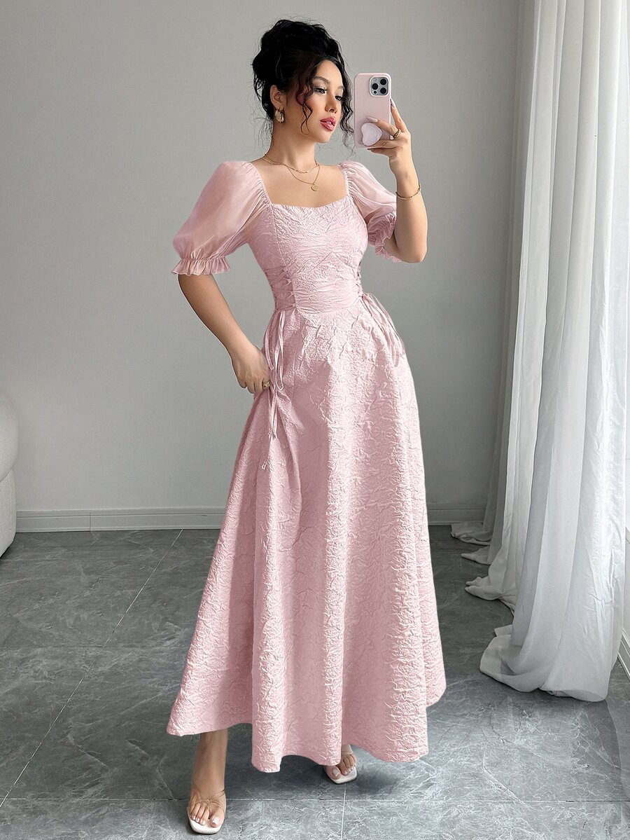 Modelyn Sheer Puff Sleeve Cinched Waist Flared Hem Long Dress For Women - Pink - View 1