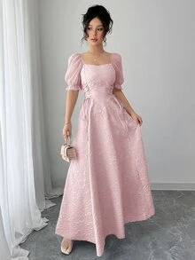 Modelyn Sheer Puff Sleeve Cinched Waist Flared Hem Long Dress For Women - Pink - View 7