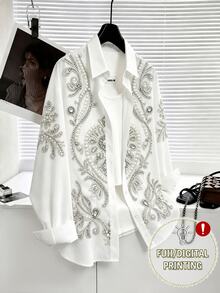 Resyla [Printed Design] Women's Casual Elegant Faux Pearl Decor Digital Print Blouse Bar Party Day Party White Autumn - Multicolor - View 1