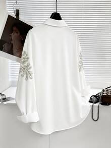 Resyla [Printed Design] Women's Casual Elegant Faux Pearl Decor Digital Print Blouse Bar Party Day Party White Autumn - Multicolor - View 2