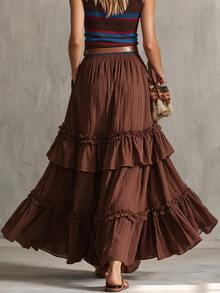 Glimmora Women's Spring/Autumn New Bohemian Style Solid Color Layered Ruffle Romantic Vacation Elastic Waist Loose A-Line Skirt - Brown - View 2