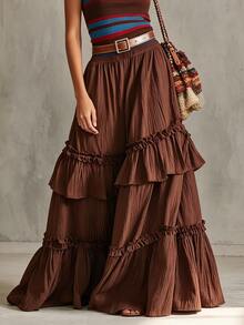 Glimmora Women's Spring/Autumn New Bohemian Style Solid Color Layered Ruffle Romantic Vacation Elastic Waist Loose A-Line Skirt - Brown - View 4