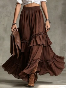Glimmora Women's Spring/Autumn New Bohemian Style Solid Color Layered Ruffle Romantic Vacation Elastic Waist Loose A-Line Skirt - Brown - View 1