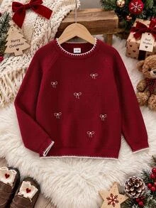 SHEIN Tween Girl Knit Contrast Color Bow Pattern Crew Neck Casual Sweater - Multicolor - View 2