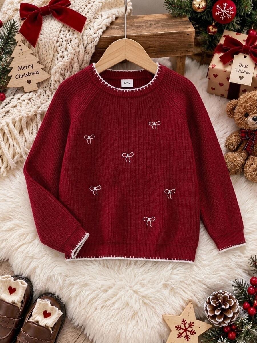 SHEIN Tween Girl Knit Contrast Color Bow Pattern Crew Neck Casual Sweater - Multicolor - View 1