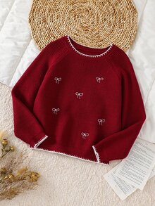 SHEIN Tween Girl Knit Contrast Color Bow Pattern Crew Neck Casual Sweater - Multicolor - View 3