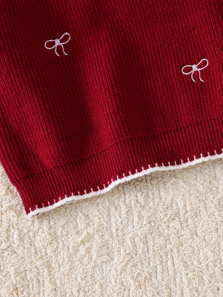 SHEIN 青少年女孩針織對比色蝴蝶結圖案圓領休閒毛衣 - 彩色 - 查看 5