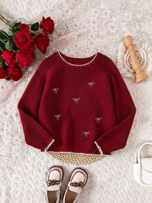 SHEIN Tween Girl Knit Contrast Color Bow Pattern Crew Neck Casual Sweater - Multicolor - View 1
