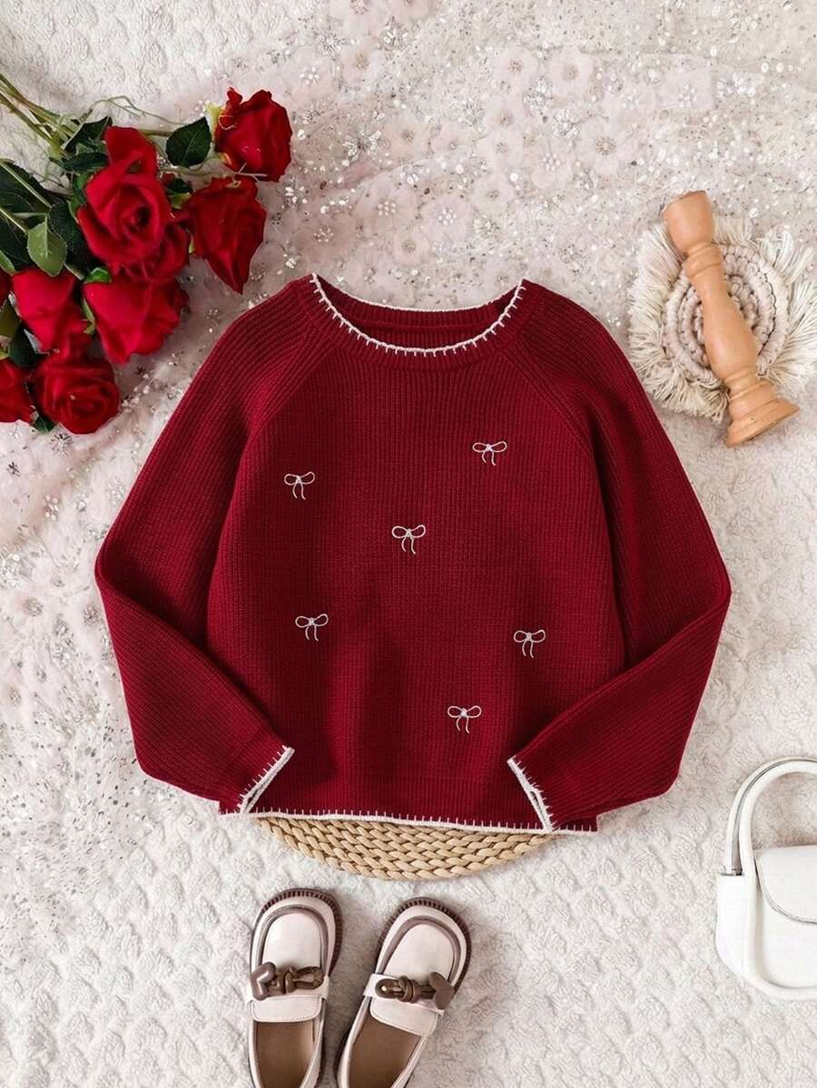 SHEIN Tween Girl Knit Contrast Color Bow Pattern Crew Neck Casual Sweater - Multicolor - View 1