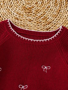 SHEIN Tween Girl Knit Contrast Color Bow Pattern Crew Neck Casual Sweater - Multicolor - View 6