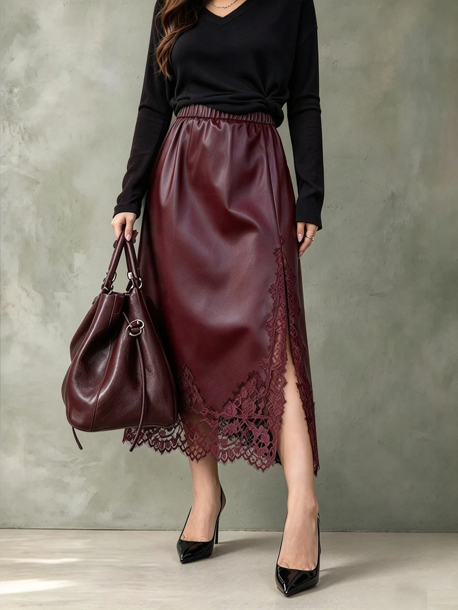 Vionelle Rok Bodycon Wanita Ukuran Plus Vintage Manis Romantis Serbaguna untuk Sehari-hari, Terbuat dari Kulit Sintetis Semi-Fux dengan Motif Renda dan Patchwork - Burgundy - View 1