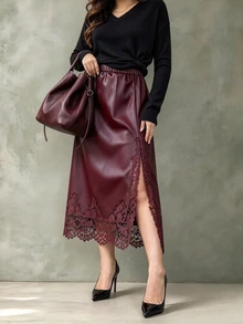 Vionelle Rok Bodycon Wanita Ukuran Plus Vintage Manis Romantis Serbaguna untuk Sehari-hari, Terbuat dari Kulit Sintetis Semi-Fux dengan Motif Renda dan Patchwork - Burgundy - View 5