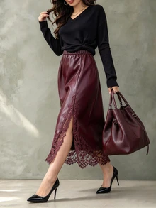 Vionelle Rok Bodycon Wanita Ukuran Plus Vintage Manis Romantis Serbaguna untuk Sehari-hari, Terbuat dari Kulit Sintetis Semi-Fux dengan Motif Renda dan Patchwork - Burgundy - View 4