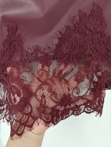 Vionelle Rok Bodycon Wanita Ukuran Plus Vintage Manis Romantis Serbaguna untuk Sehari-hari, Terbuat dari Kulit Sintetis Semi-Fux dengan Motif Renda dan Patchwork - Burgundy - View 7