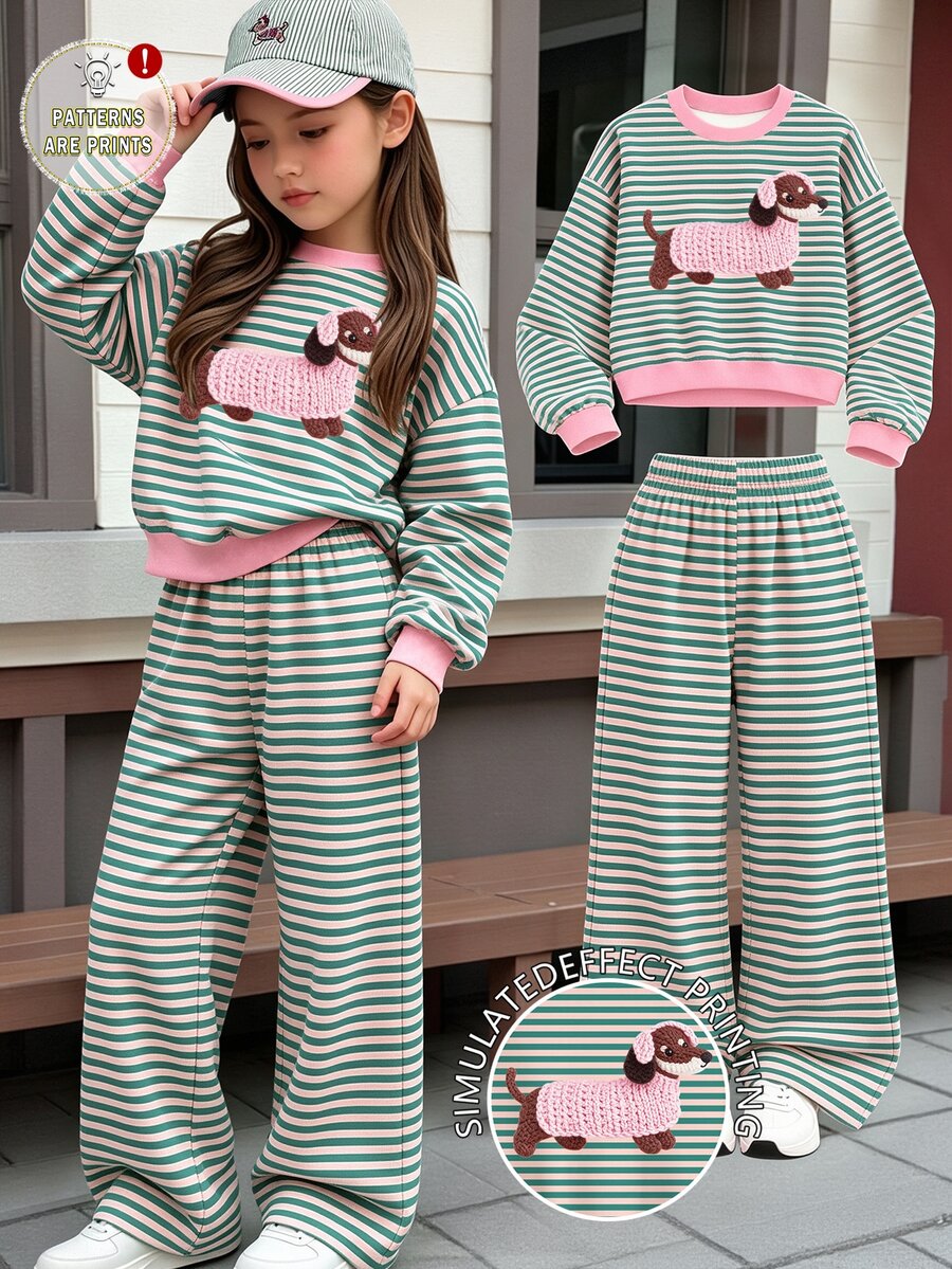 Toddler Girls 2 Pcs Stripe Cartoon Puppy Print Crew Neck Sweatshirt & Wide Leg Pants Set, Green Pink, Fall Sets Outfit - Multicolor - View 1